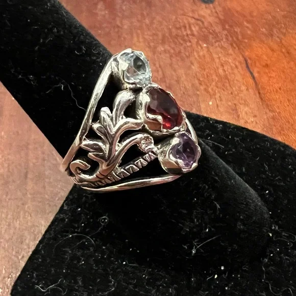 Triple Gemstone Statement Ring 925 Silver Garnet Amethyst Blue Topaz Size 8 #570 - Picture 6 of 7